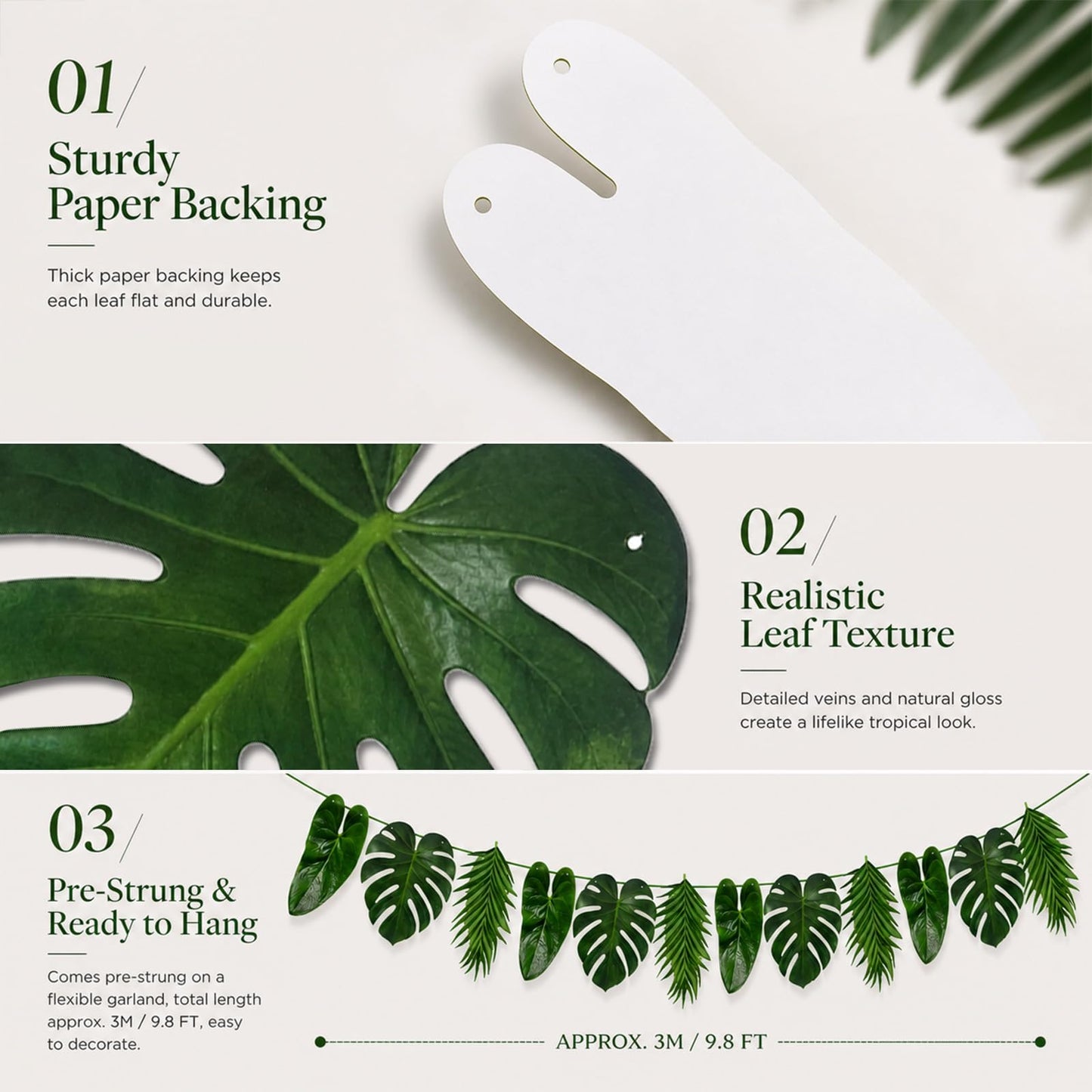 Tropical Leaf Garland Banner Decorations, Pre-Strung Cardboard Monstera Palm Leaves Hanging Garland, Hawaiian Luau Jungle Safari Party Decor