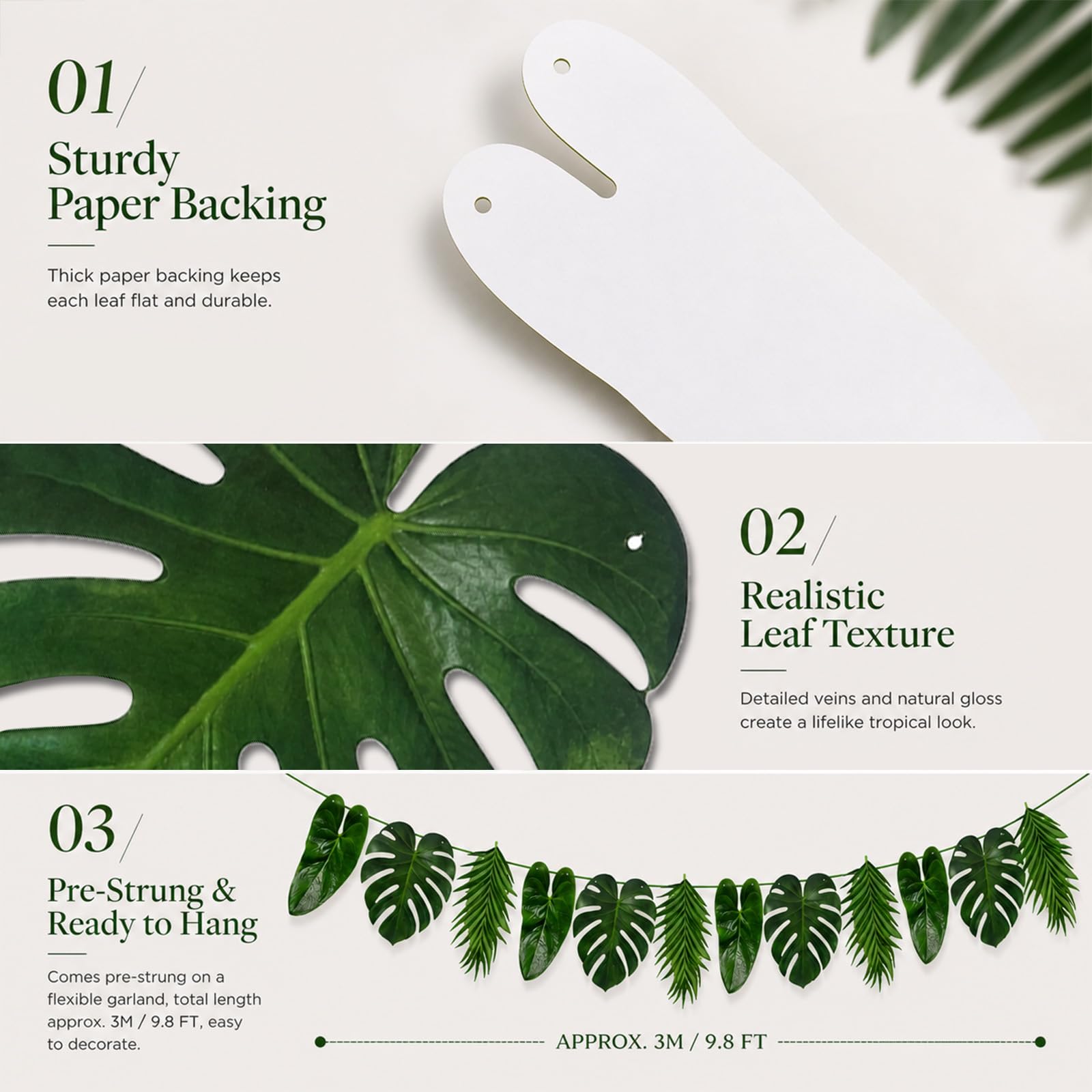 Tropical Leaf Garland Banner Decorations, Pre-Strung Cardboard Monstera Palm Leaves Hanging Garland, Hawaiian Luau Jungle Safari Party Decor