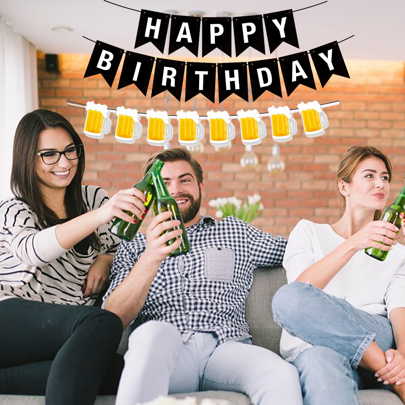 BIEUFBJI Beer Birthday Banner With Mug Pennant - Black and White Happy Birthday Decorations for Men and Women