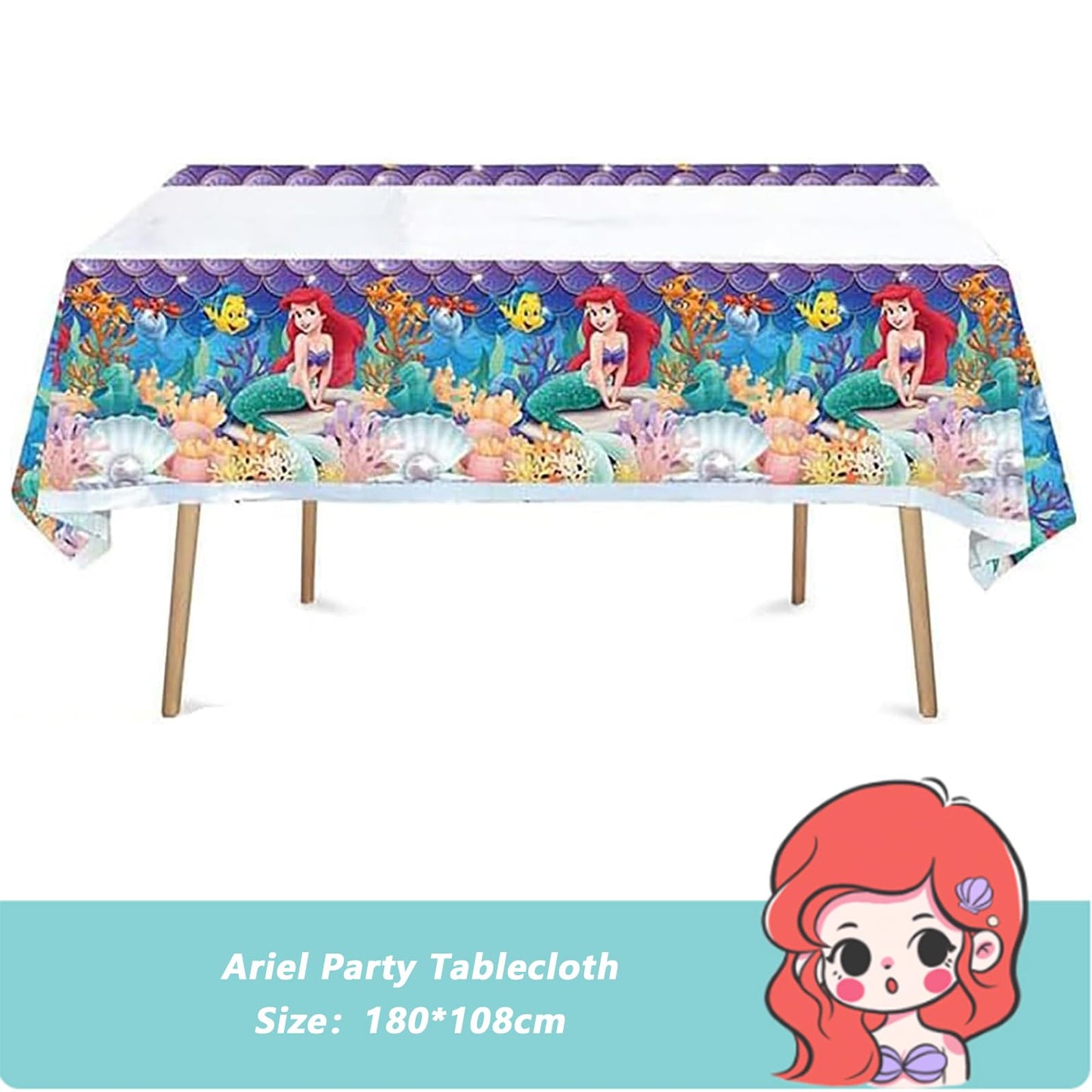 111PCS Disne Ariel Party Kit! Enchanting set with vibrant tableware & dreamy tablecloth, for a magical undersea kids' birthday.