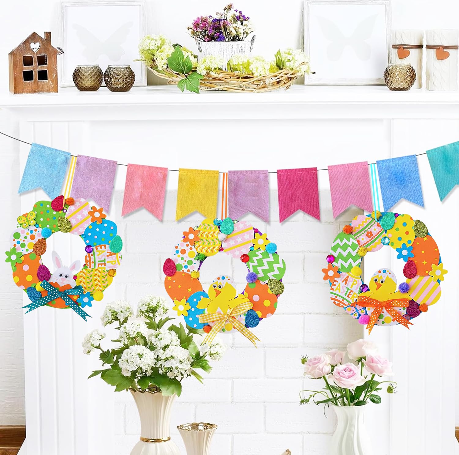 12 Sets DIY Easter Wreath Craft Kits, Foam Signs with Easter Egg, Bunny, and Chick Stickers, Pom-Poms, Googly Eyes, for Kids Classroom Home