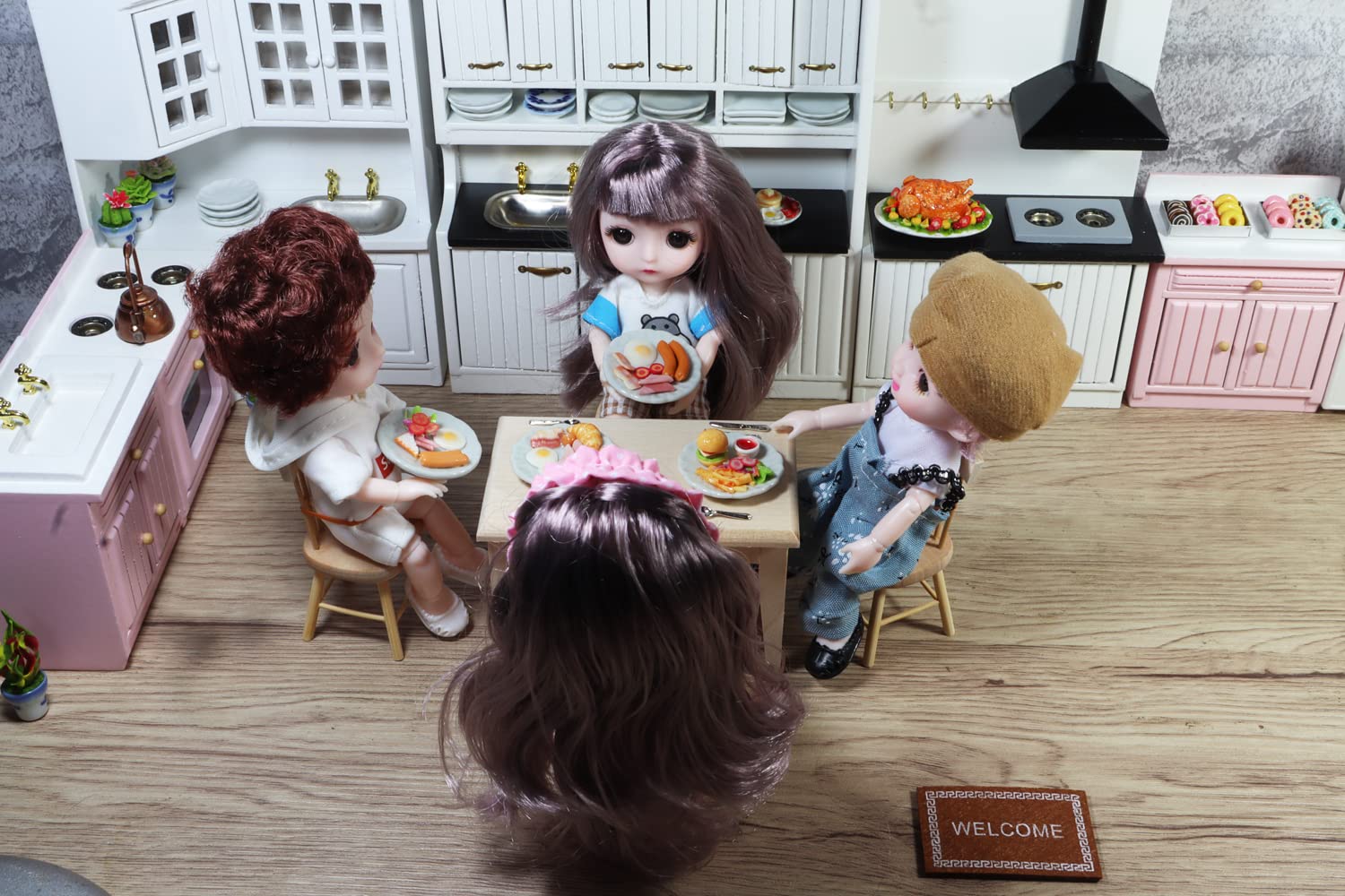 Mixed 5 Assorted Breakfast Dollhouse Miniature Food Set (1/6 Scale) - Sausage, Salmon Steak, Bacon, Burger & Fried Egg on Ceramic Plates, Handmade