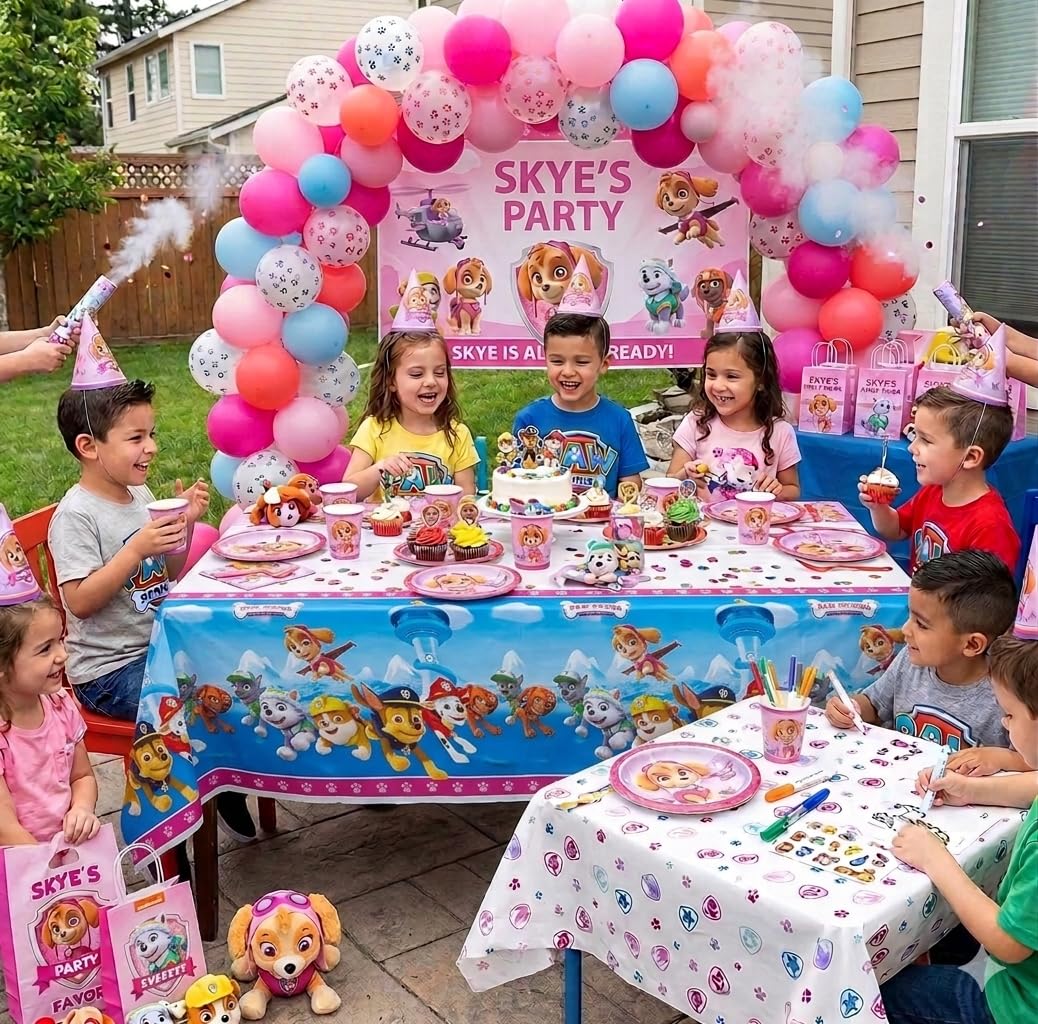 Unique Paw Patrol Party Tablecovers Featuring Skye and Friends, Pink, 54 x 84 Inch, 3 Pack, with Decorative Sparkly Confetti