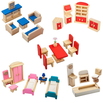 Giragaer Wooden Dollhouse Furniture 5 Set, Wood Doll House Miniature Bathroom/Living Room/Dining Room/Bedroom/Kitchen House Furniture Doll Decoration