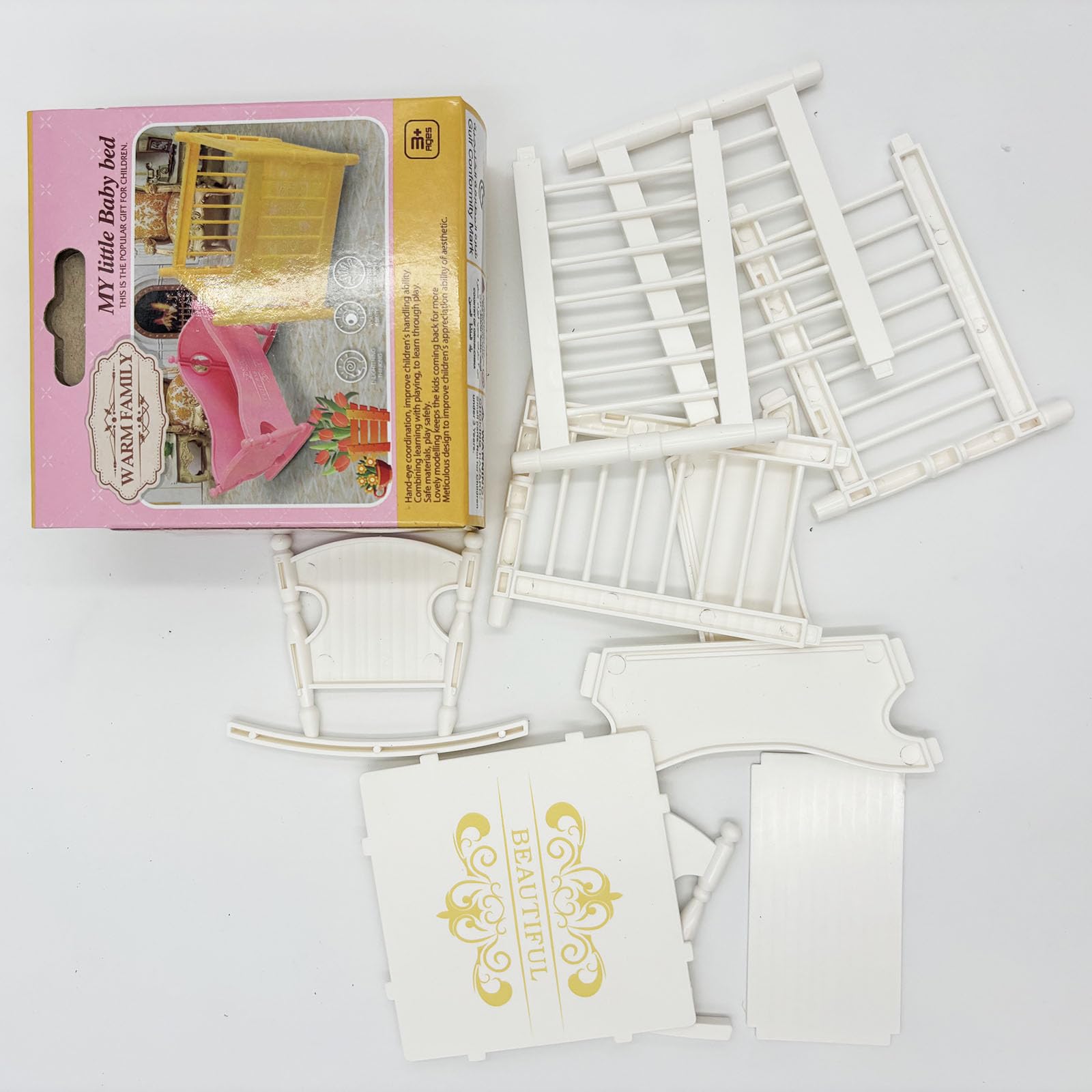 Miniature Dollhouse Furniture Set,Mini Doll Rocking Crib + Square Bed, Dollhouse Furniture Crib Wobble Toys Baby Doll Cradle White Wooden Bamboo Silk