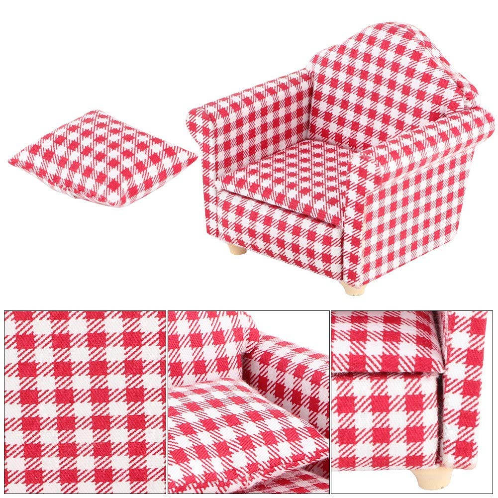 SXFSE Dollhouse Sofa Arm Chair, 1:12 Scale Wooden Dollhouse Miniature Funiture Decor Couch with Pillow