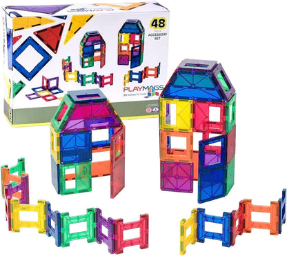 Playmags 48 Piece Set - with Stronger Magnets, STEM Toys for Kids, Magnetic Tiles and Building Blocks, Sturdy, Super Durable with Vivid Clear Color