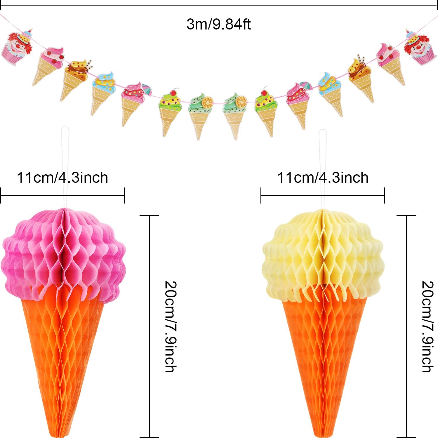 Maitys 9 Pieces Ice Cream Party Decorations Hanging Honeycomb Ice Cream Tissue Paper Party Banner Ceiling Sign Decor for Wedding Birthday Summer Favor