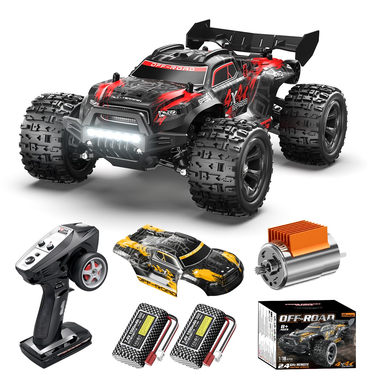 1:18 Scale RC Cars All Terrain Off Road 4WD Remote Control Car 36KM/H High Speed RC Monster Truck, Electric Vehicle with 2.4GHz Racing Car , Two 7.4V
