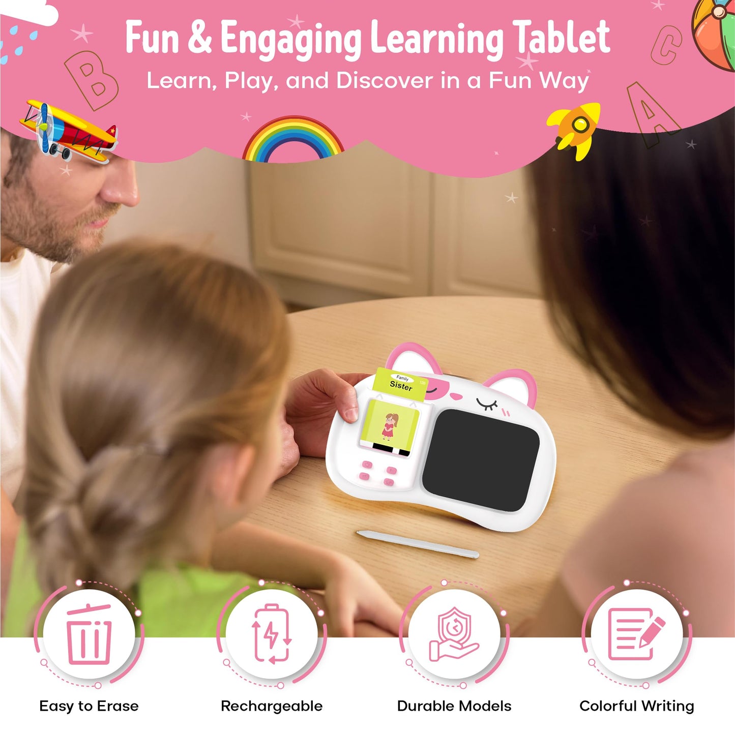 Henry & Colin Smart Talking Flash Cards Reader with LCD Writing Drawing Tablet Card for Kids - Colorful Drawing Pad, Educational Toy, Reusable Board