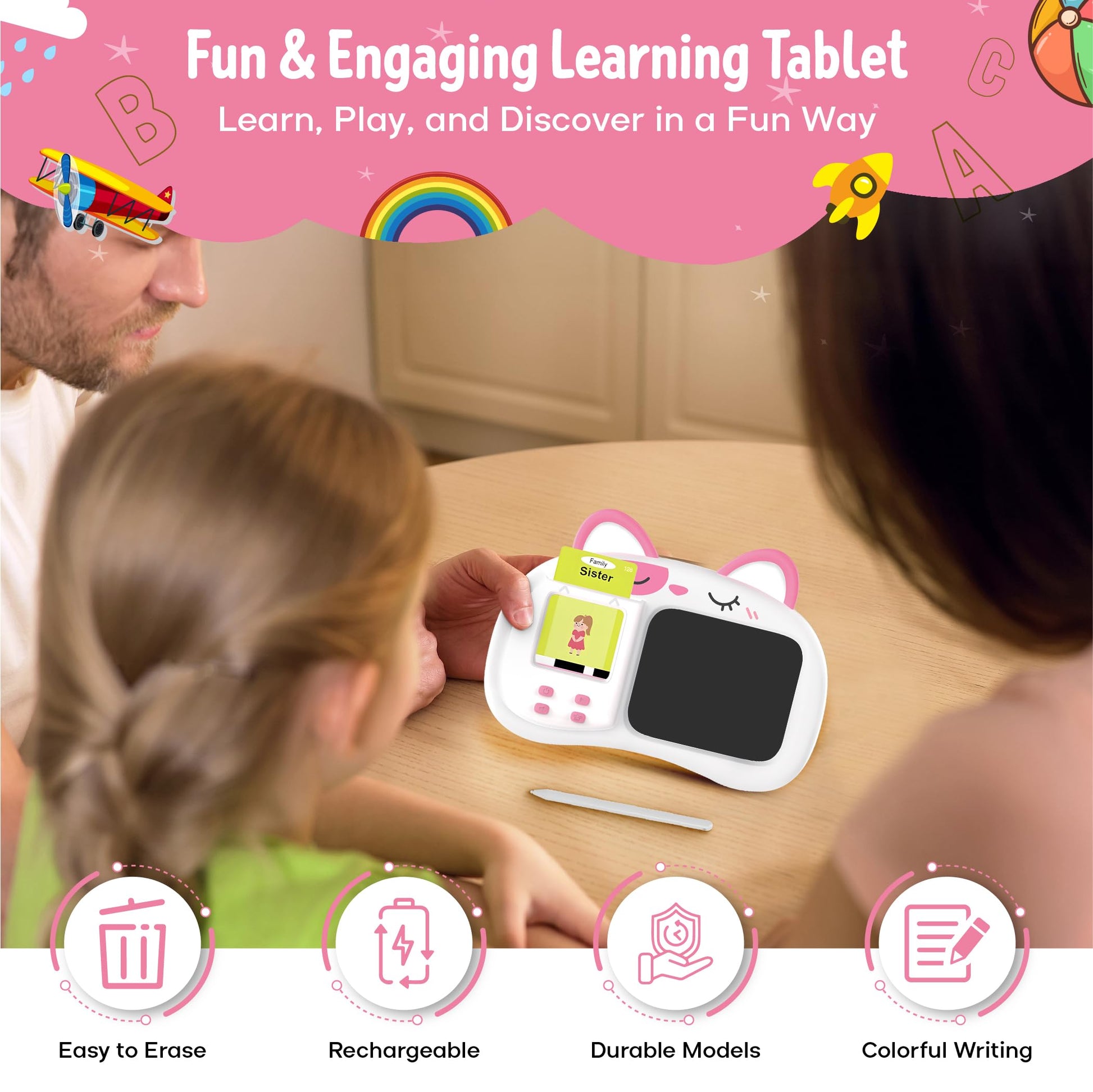 Henry & Colin Smart Talking Flash Cards Reader with LCD Writing Drawing Tablet Card for Kids - Colorful Drawing Pad, Educational Toy, Reusable Board