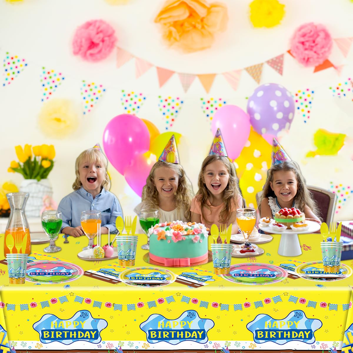 81pcs Yellow Cartoon Party Supplies Tableware Plates Napkins Cups Fork and Tablecloth?Yellow Theme Birthday Party Decoration