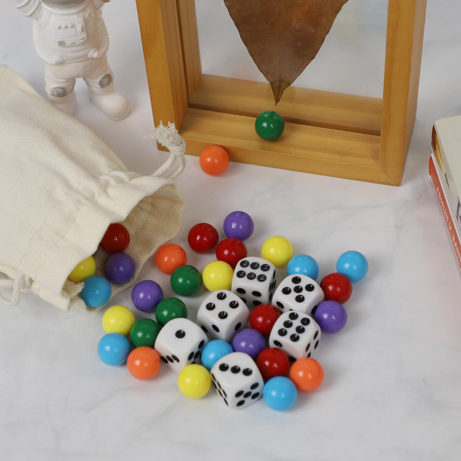 Qryovsa Marbles for Wahoo Board Game 14 mm Set of 30 with 6 Dice and Bag