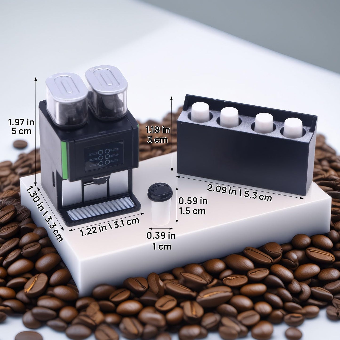 1:12 Scale Miniature Coffee Machine Set, Modern Dual-Hopper Brewer & Cups, Realistic Kitchen Appliance for Dollhouse, Diorama Cafe & Office Scenes