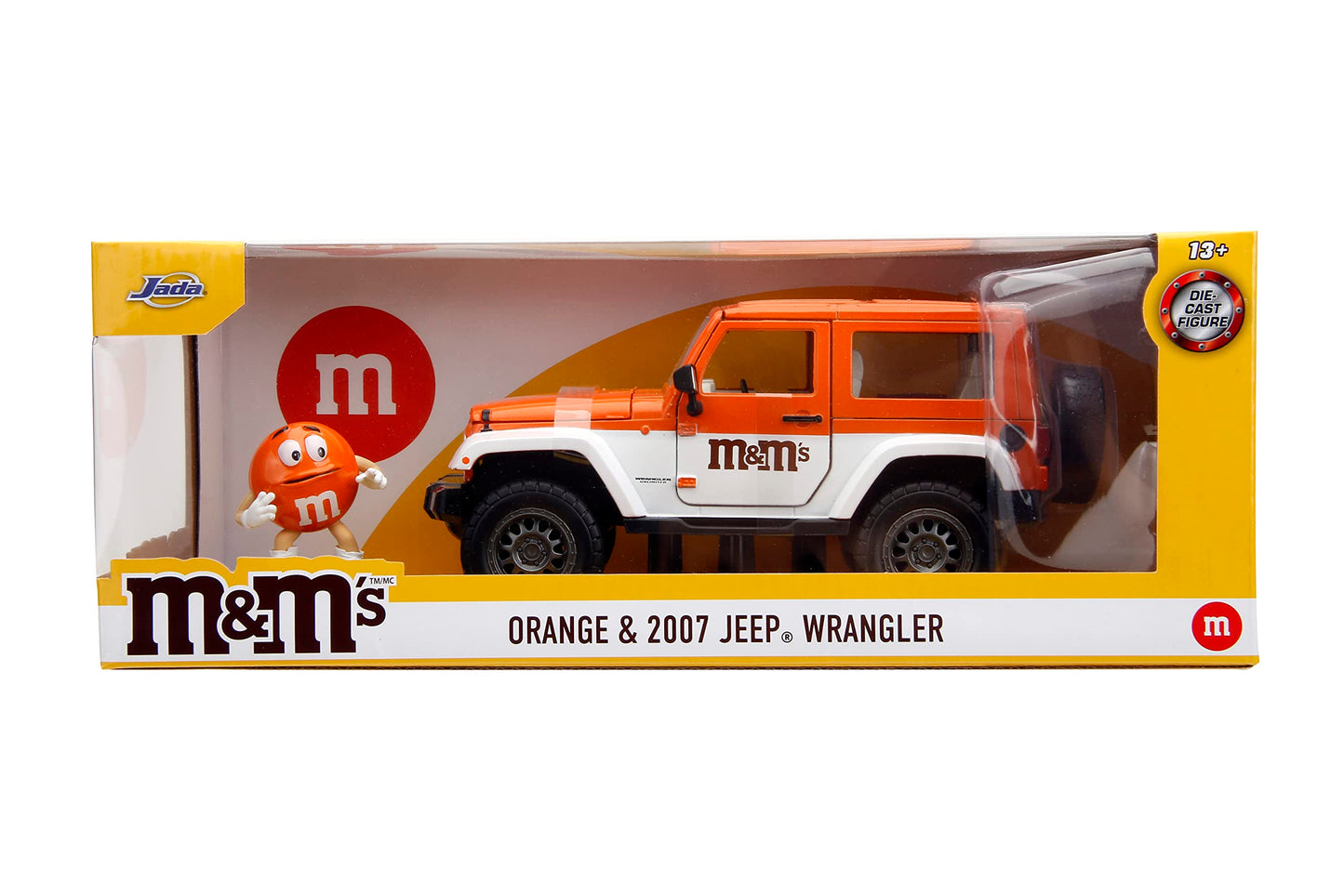 Jada M&M's 1:24 2007 Jeep Wrangler Die-cast Car & 2.75" Orange Figure, Toys for Kids and Adults