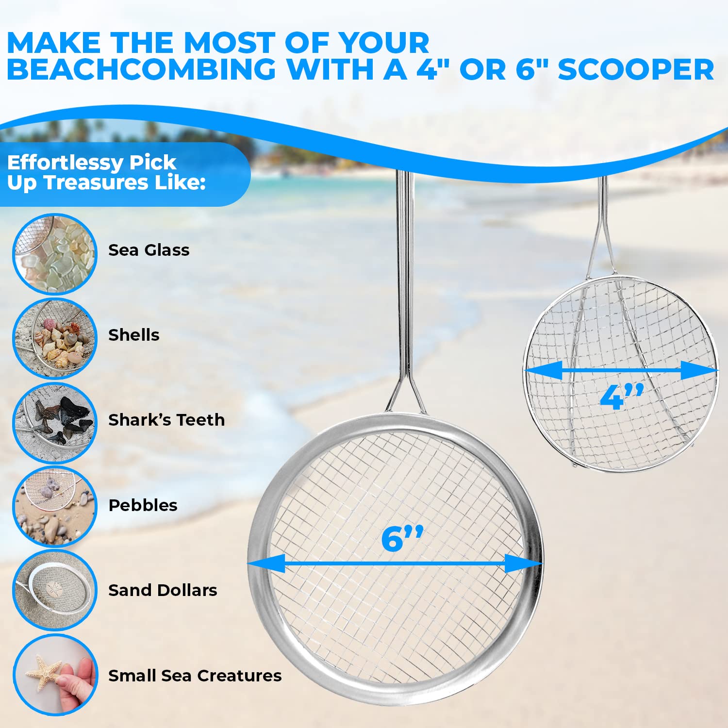 Sand Dipper Full Size Beach Scoop & Sifter with Custom Laser Scribing - Adjustable Shovel, Original 4" or Large 6" Basket, Blue or Pink Pole