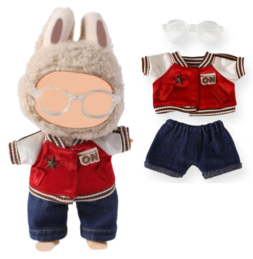 3-Piece 17cm Doll Outfit Set - Transparent Glasses, Baseball Jacket, Denim Pants - Red Sporty Style for Collectible Figures Accessories Clothes (No