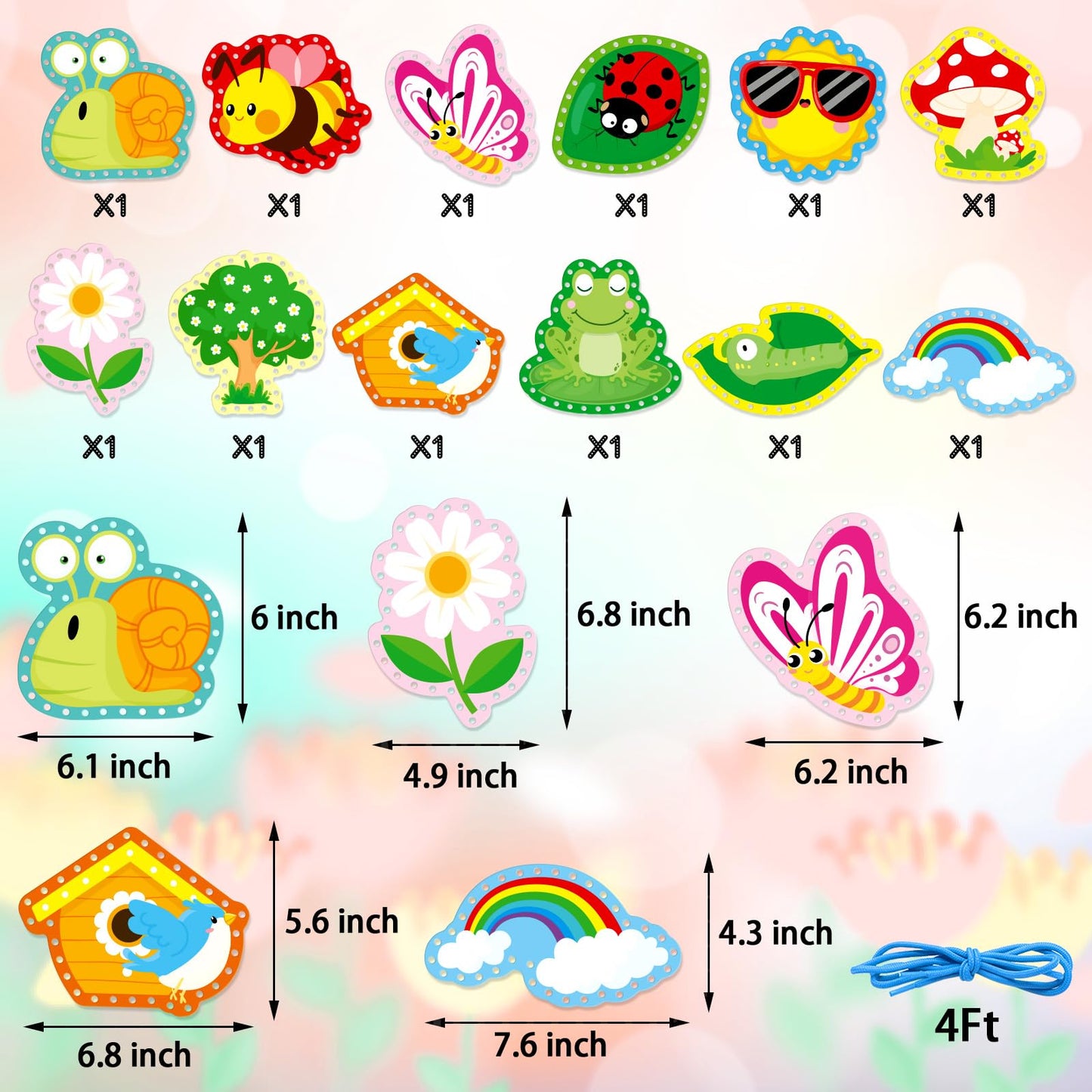 Springtime Lacing Cards for Kids 12 Packs Sewing Kits Rainbow Flower Butterfly Cardboard Sewing Cards Lacing Games for Developing Imagination School