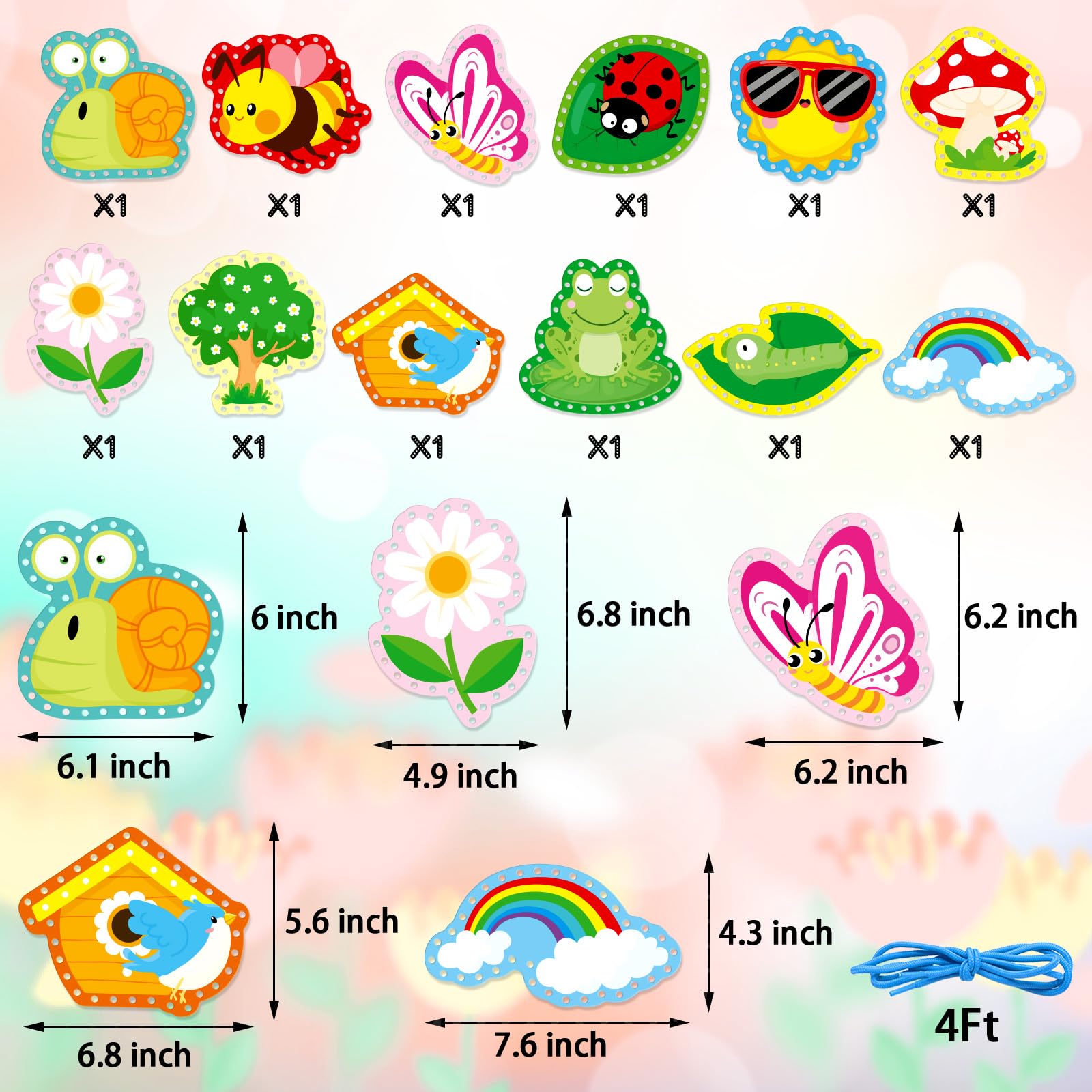 Springtime Lacing Cards for Kids 12 Packs Sewing Kits Rainbow Flower Butterfly Cardboard Sewing Cards Lacing Games for Developing Imagination School