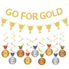 Glitter Go For Gold Banner with Paper Medal Hanging Swirls,Sports Competition Party Decorations,Olympic Sports Athlete Competition Game Party Decor