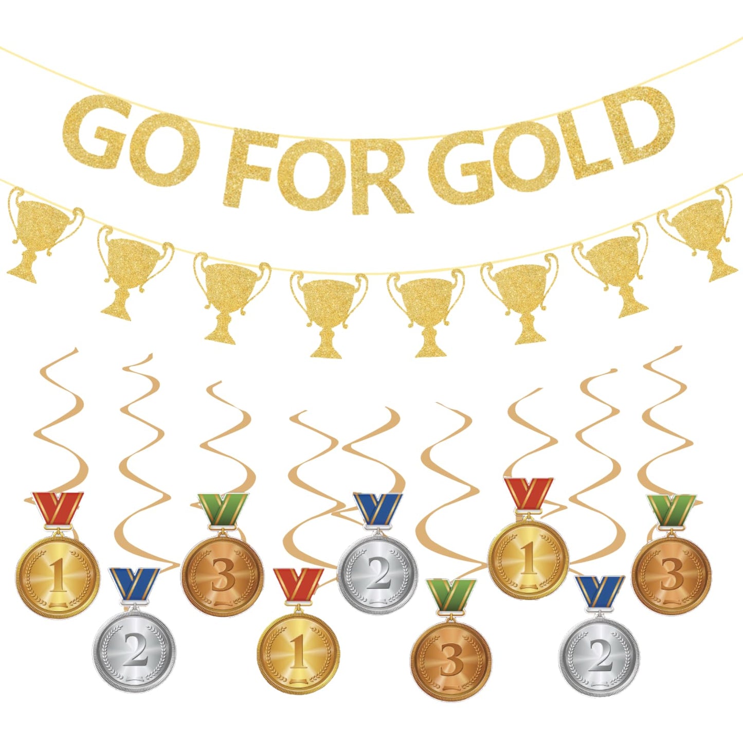 Glitter Go For Gold Banner with Paper Medal Hanging Swirls,Sports Competition Party Decorations,Olympic Sports Athlete Competition Game Party Decor