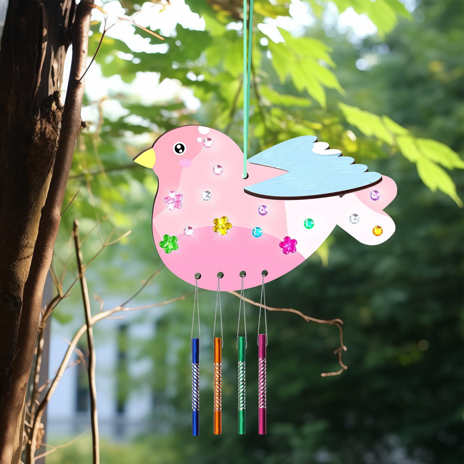 TREACLUB 10Pack 3D Bird Wind Chime Kit for Kids Spring Make Your Own Bird Wind Chime Make a Wind Chime Kit DIY Coloring Wooden Arts and Crafts