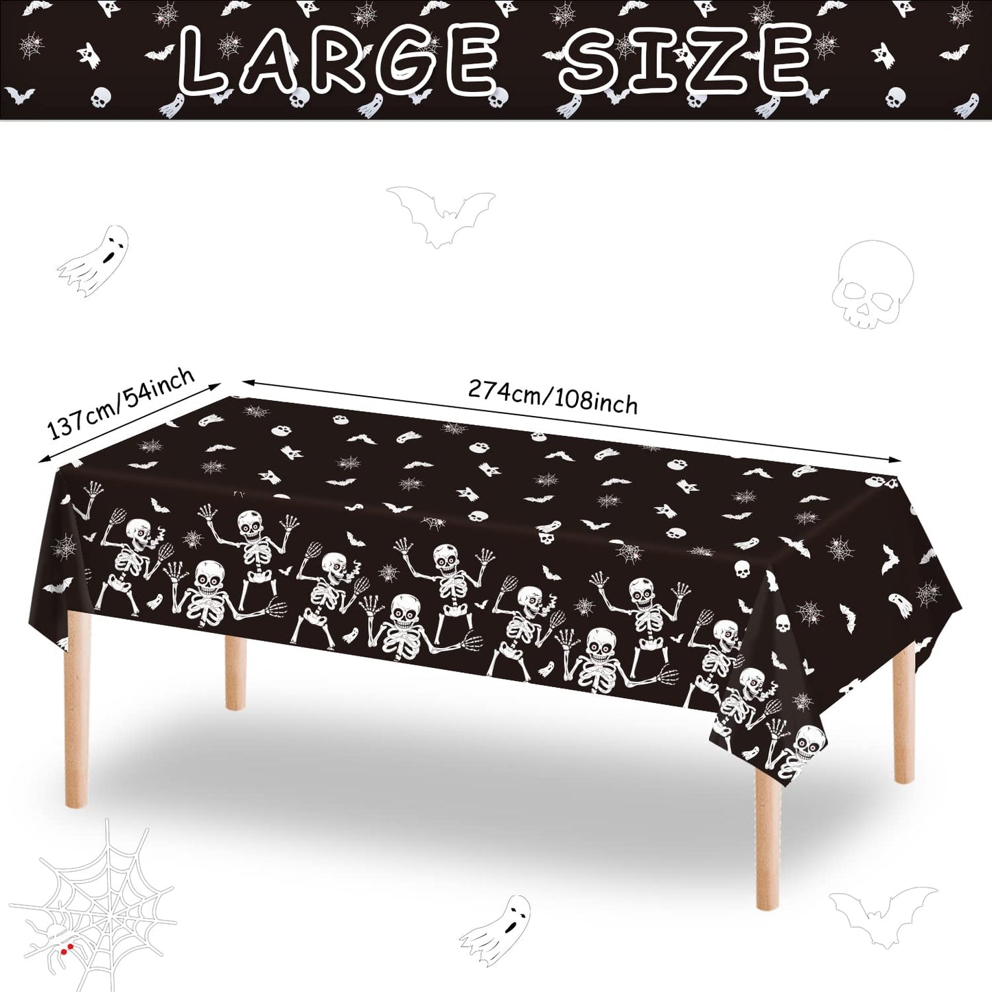 3 Pack Halloween Skeleton Tablecloth, Halloween Tablecloth Party Decorations, Plastic Skull Tablecover Backdrop Background Banner for Haunted House