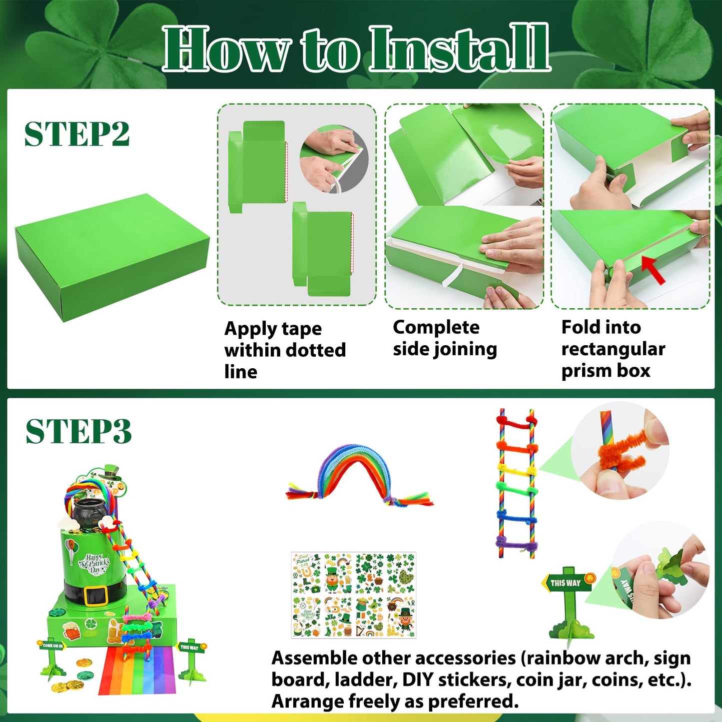 whumsdog St. Patrick's Day DIY Leprechaun Trap Kit for Kids- Craft Catch a Leprechaun Trap Set with Cauldron Kettles, Theme Stickers, Shamrock Coins |