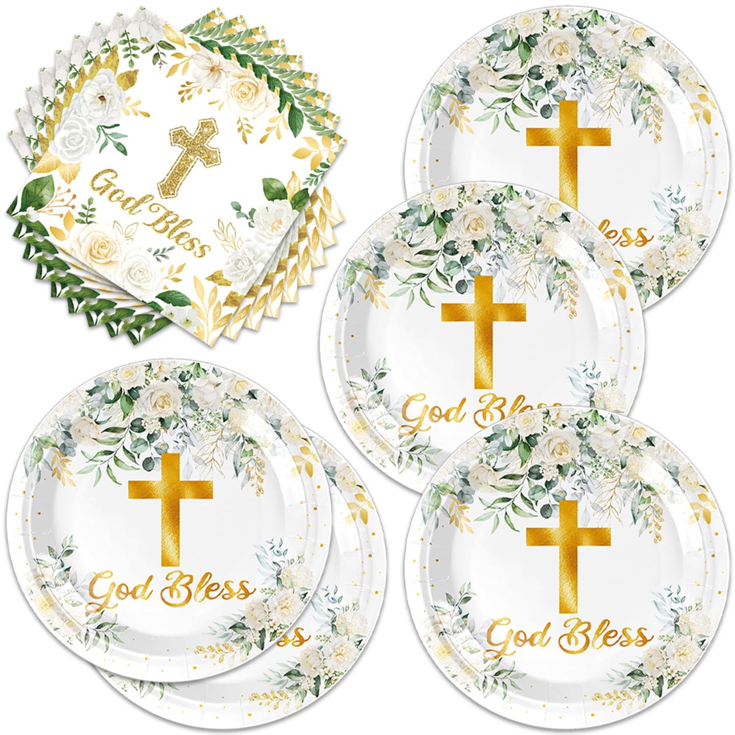 Frypeas 40Pcs God Bless Party Decorations Tableware Supplies 20 Plates and 20 Napkins for God Bless Baptism Party Decoration Serve 20 Guests