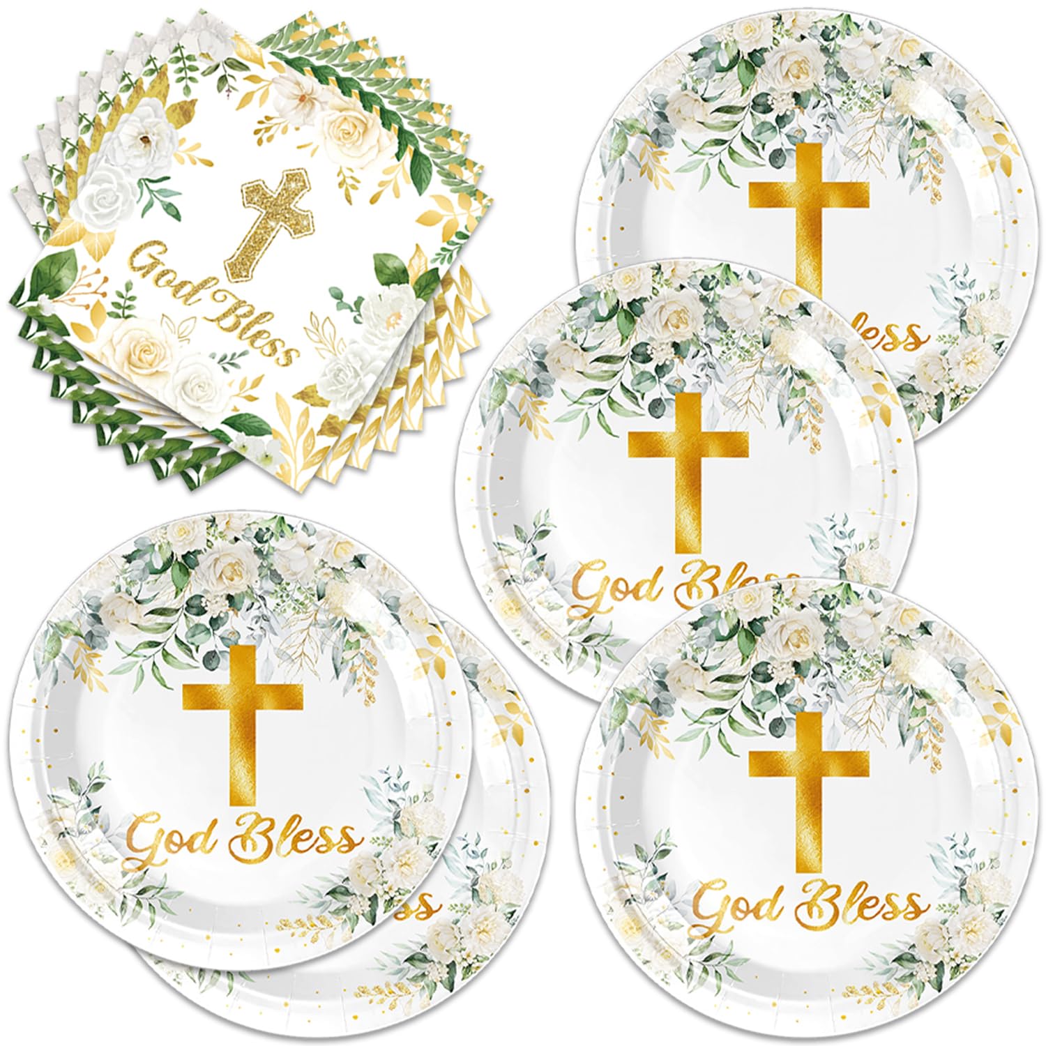 Frypeas 40Pcs God Bless Party Decorations Tableware Supplies 20 Plates and 20 Napkins for God Bless Baptism Party Decoration Serve 20 Guests