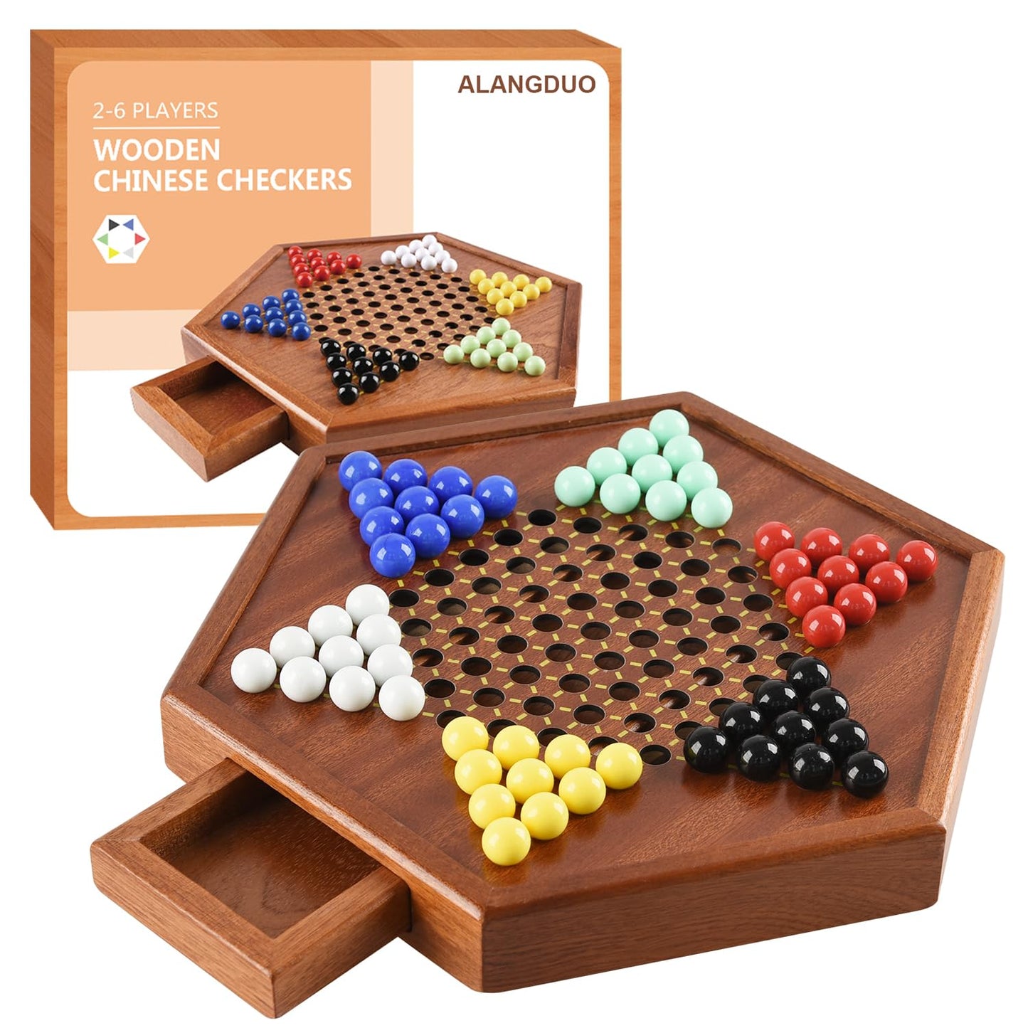 Wooden Chinese Checkers with Drawers 12 Bonus Spare Marbles| Natural Wooden Board Game| Includes 60 Colorful Acrylic Marbles | Family Board Game