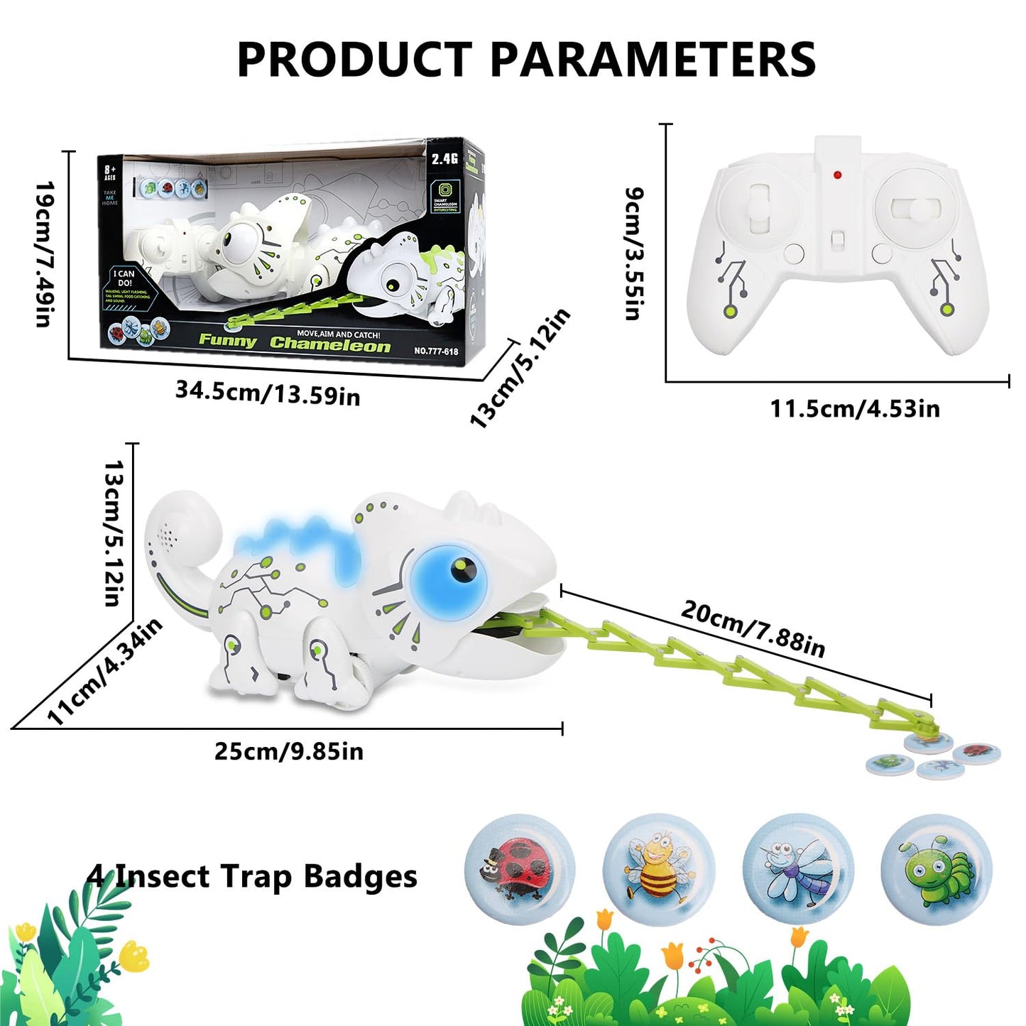 OSQI Interactive Remote Control Chameleon Simulation Toy for Kids - 2.4GHz RC Reptile with 5 Sound Effects, 12 Color Lights, Extending Tongue &