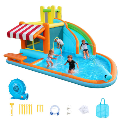 VEVOR Inflatable Pretend Market Bounce House with Blower, Large 6-in-1 Kids Water Slide Castle with Splash Pool, Climbing Wall, Play Booth & Bounce