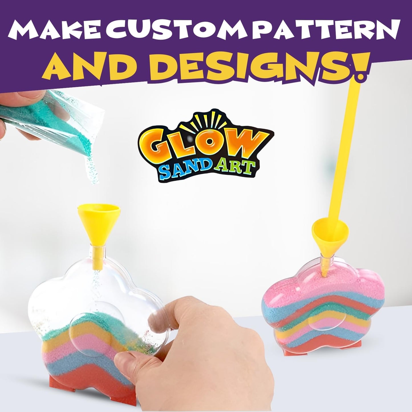 Create Your Own Magic Sand Art Glitter Activity | Glow in the Dark Colored Custom Sand Kits for Kids - Includes 12 Bottles, Funnels, Sticks, 60 Bags