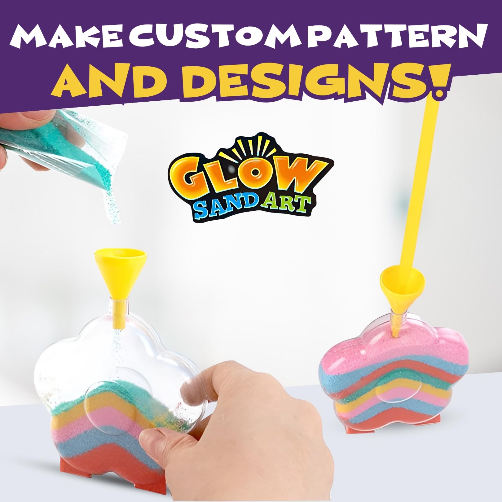 Create Your Own Magic Sand Art Glitter Activity | Glow in the Dark Colored Custom Sand Kits for Kids - Includes 12 Bottles, Funnels, Sticks, 60 Bags
