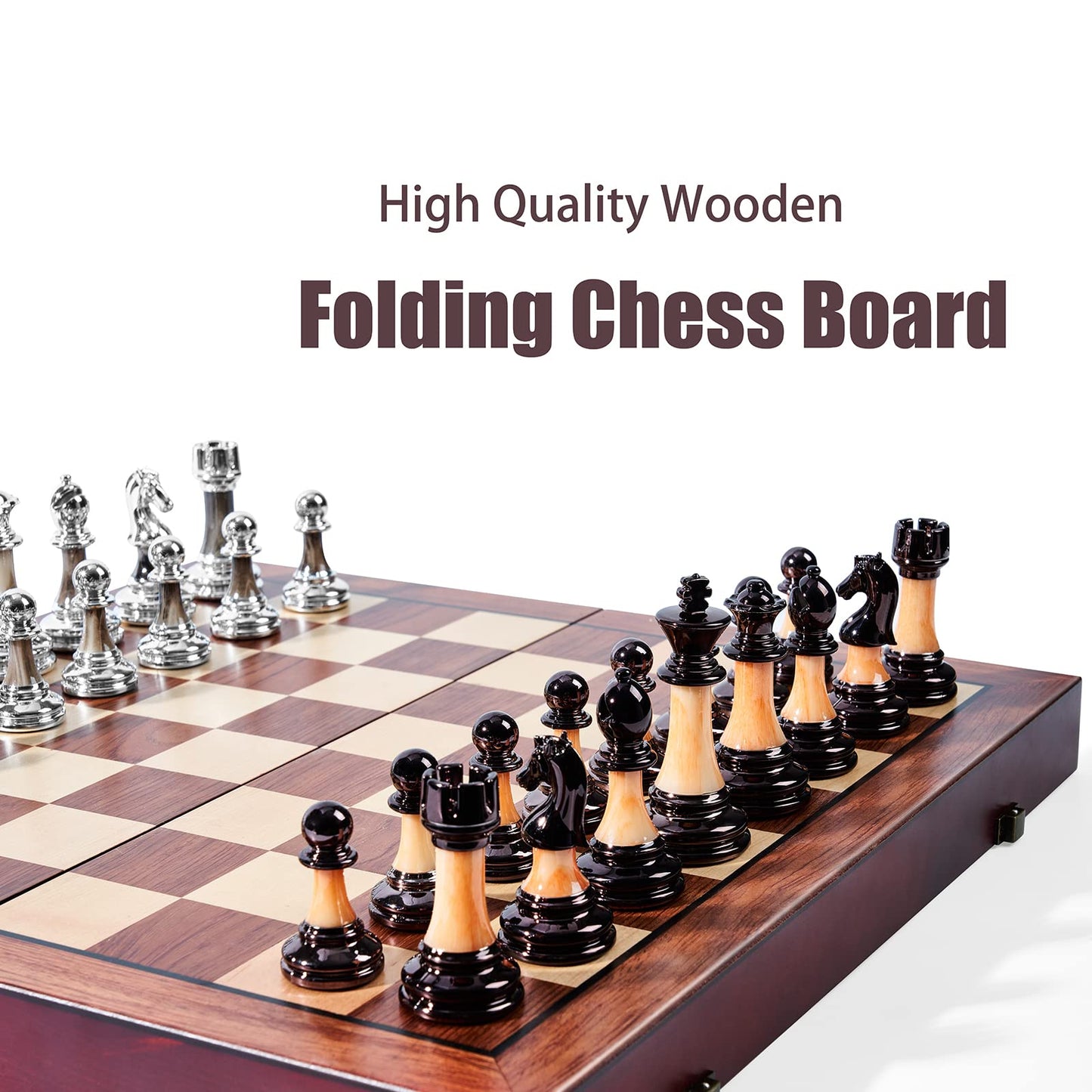 VAMSLOVE Chess Set Large 16''/42cm Folding Wooden Board with Deluxe Weighted Acrylic Chess Pieces - 3.5" King with Storage Slots for Adults House
