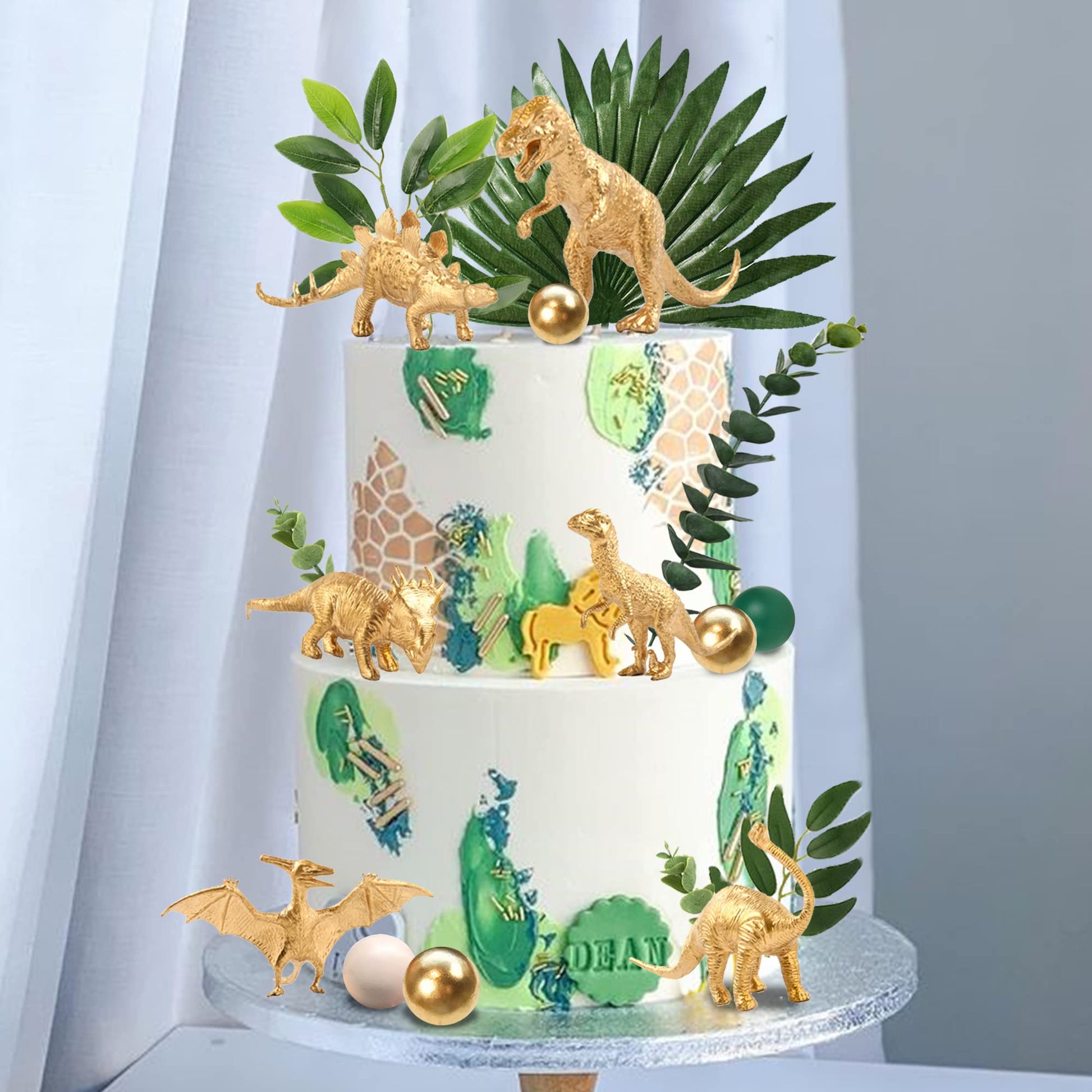 21 PCS Gold Dinosaur Cake Toppers Dinosaur Figures Green Ball Cake Decorations for Dinosaur Theme Birthday Supplies (Gold)