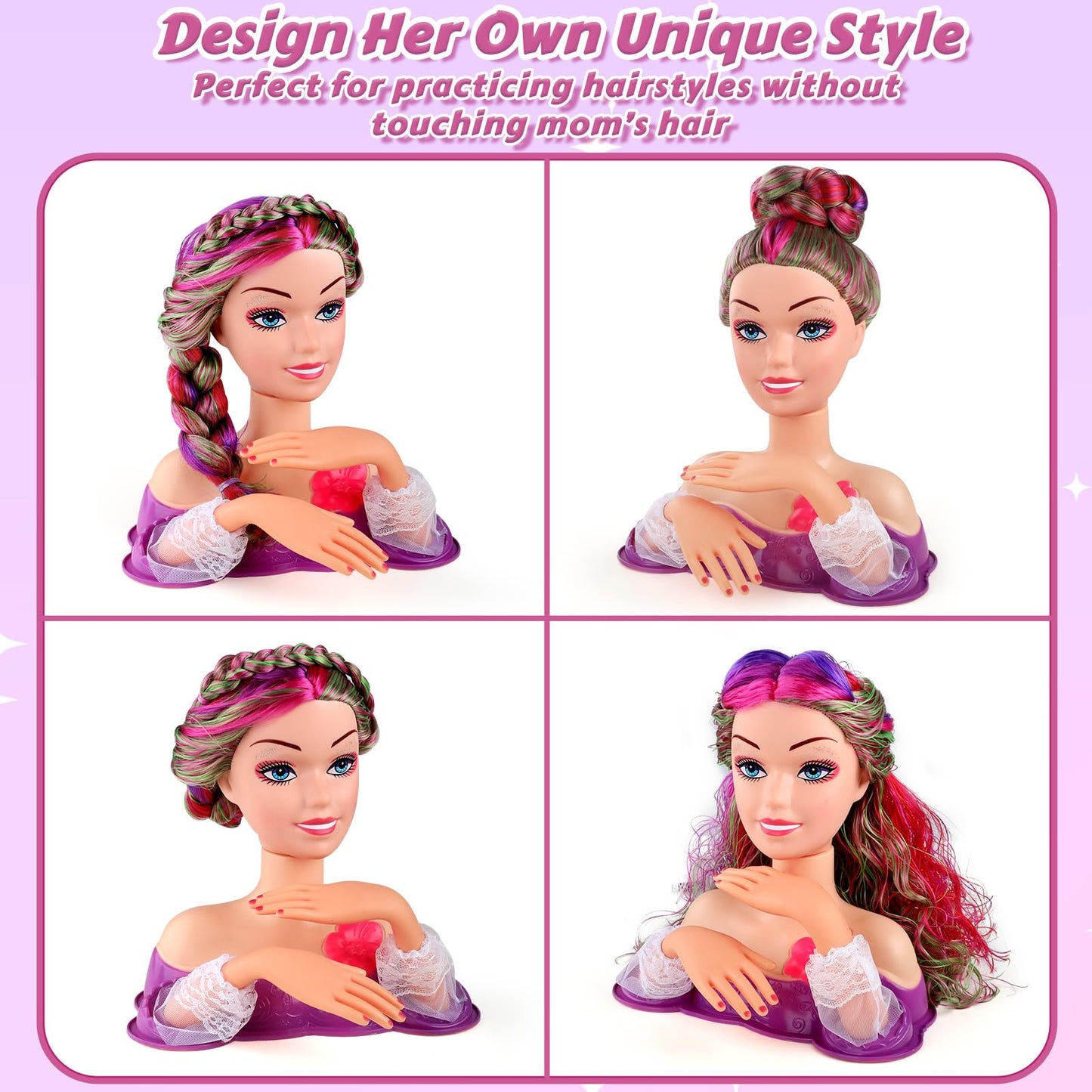 Princess Hair Styling Doll Head Makeup Kit for Girls- Pink, Purple Highlighted Wavy Hair Salon Set with 20+ Accessories - Makeup & Braiding Playset