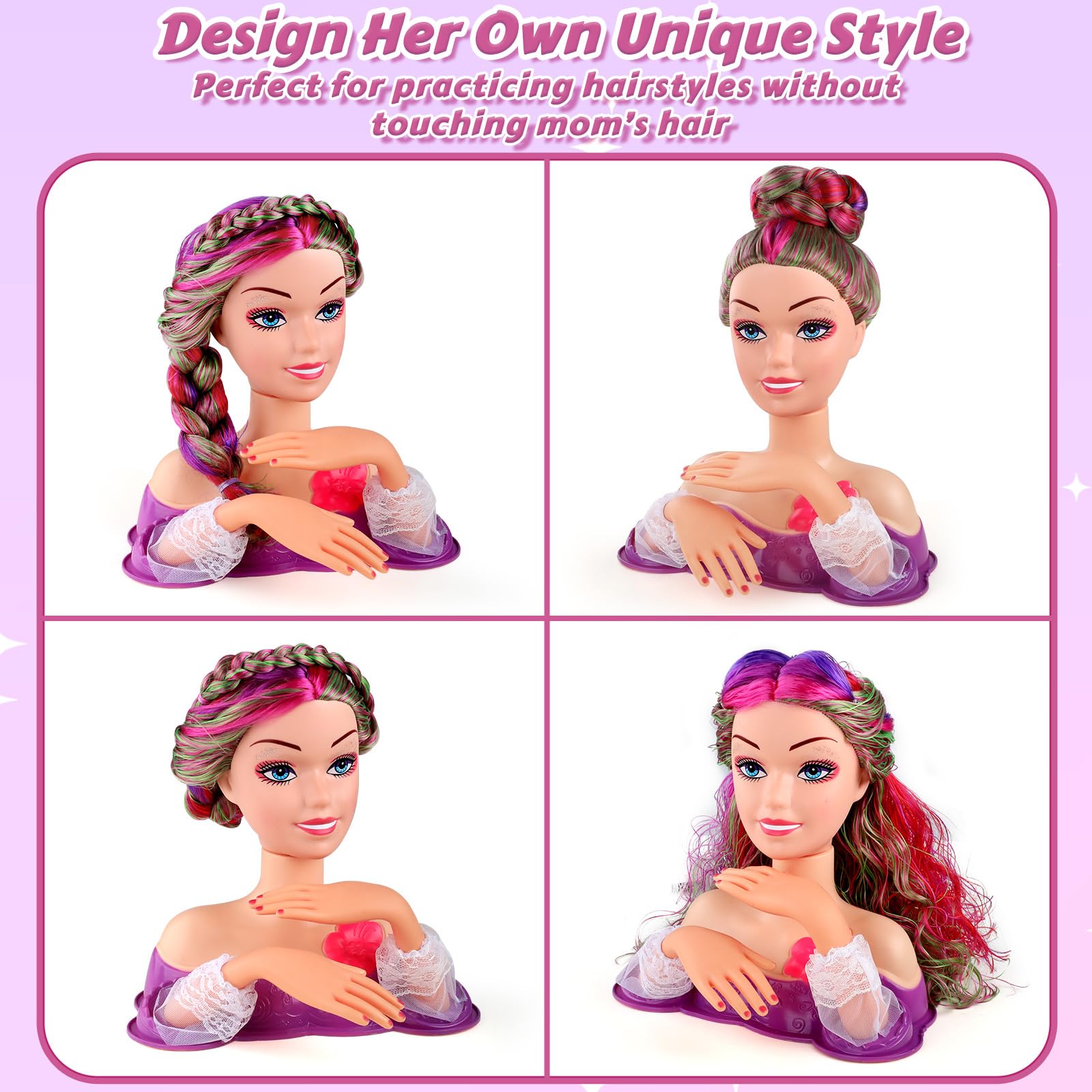 Princess Hair Styling Doll Head Makeup Kit for Girls- Pink, Purple Highlighted Wavy Hair Salon Set with 20+ Accessories - Makeup & Braiding Playset
