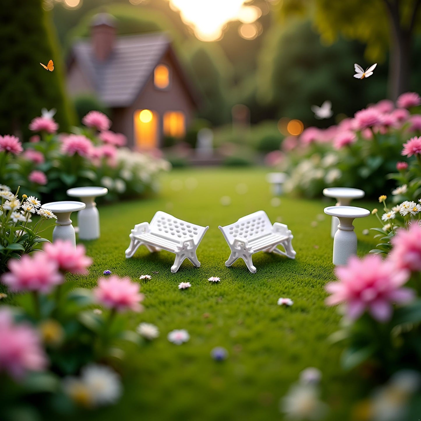 2 Pcs White, Mini Garden Ornaments,Miniature Park Bench Set, Park Street Seats Chairs Kit for Dollhouse Decor, Miniature Bench Fairy Decorations