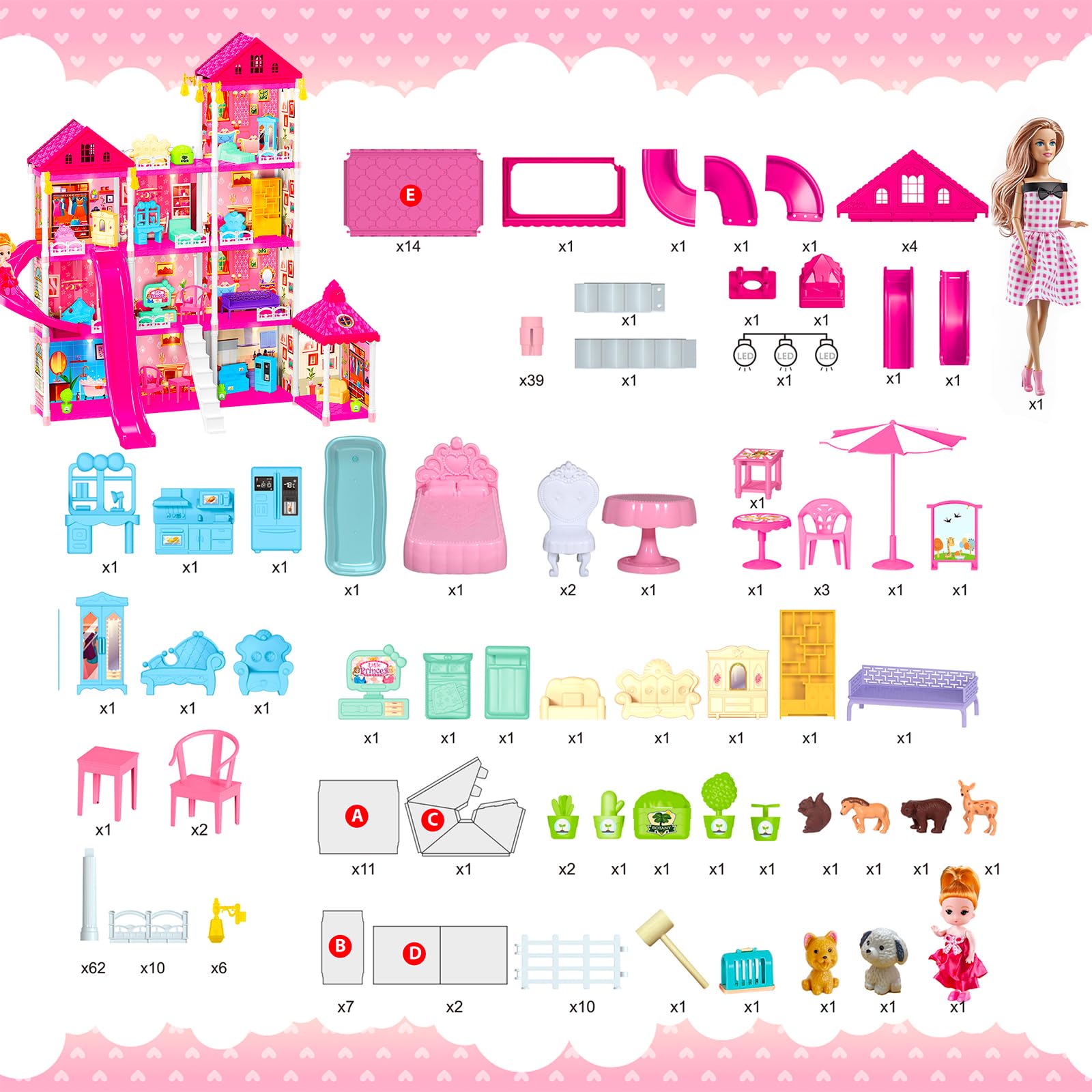 Rongmeiz 4-Story Doll House Large DIY Playhouse for Girls, Little Girl Dream House with Furniture, Animals Play Area & 2 Princesses Slide, Creative