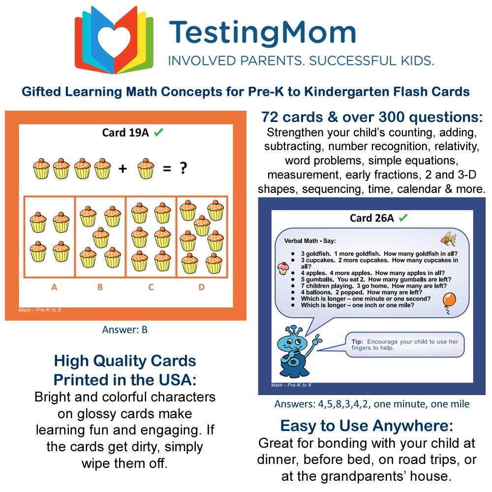 TestingMom.com Gifted Learning Flash Cards Math Concepts for Pre-K to Kindergarten Addition, Subtraction, Counting, & More for CogAT, Iowa Test, NNAT
