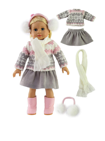 American Fashion World Pink and Gray Sweater Skirt Set Made for 18 inch Dolls Compatible with American Girl Dolls