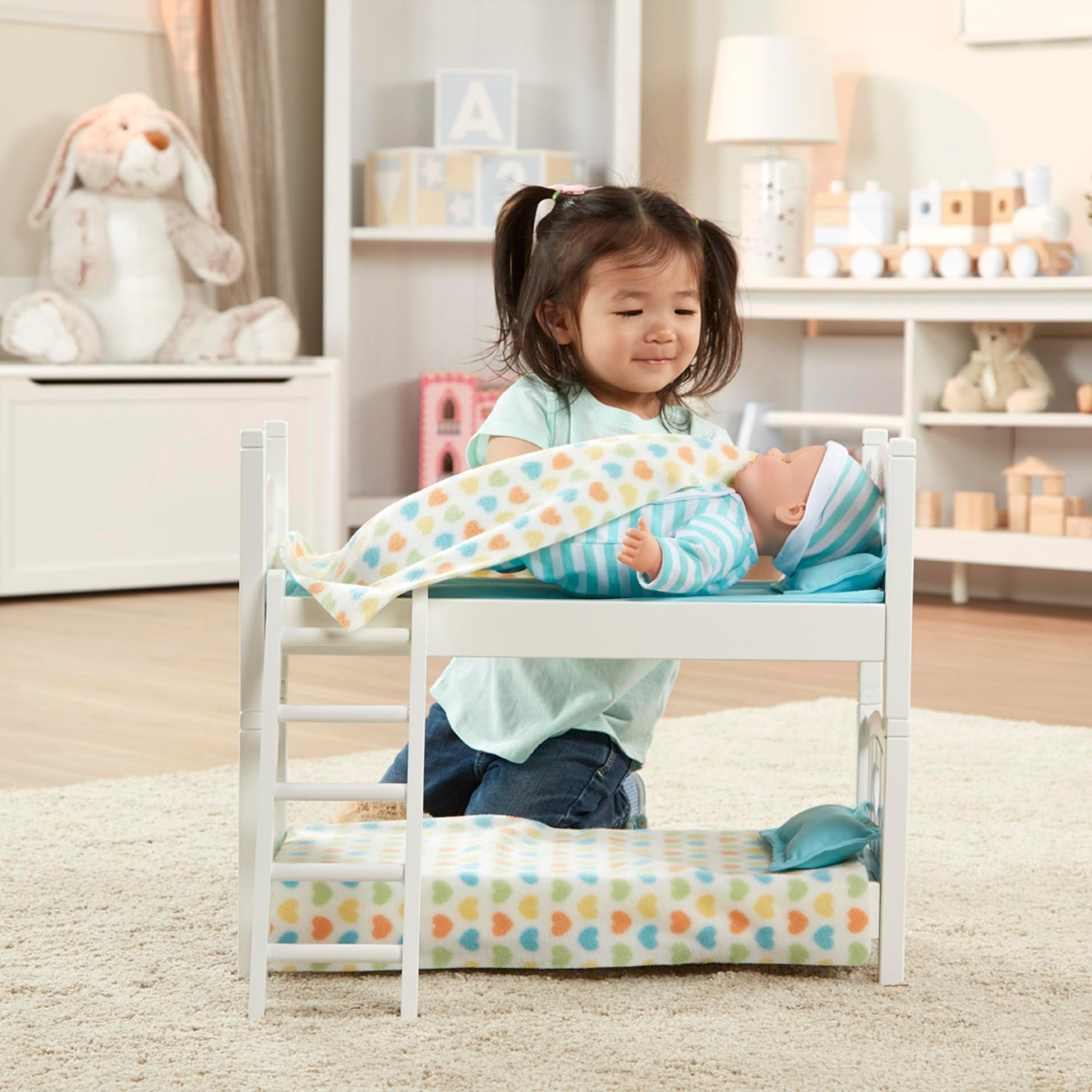 Melissa & Doug Mine to Love Wooden Play Bunk Bed for Dolls up to 18 inches-Stuffed Animals - White (2 Beds, 17.4”H x 9.1”W x 20.7”L Assembled and