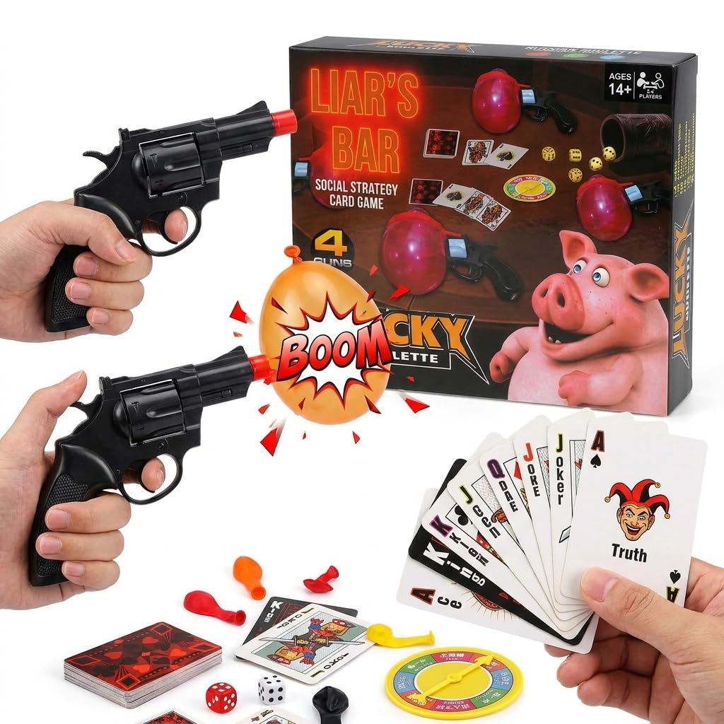 TinyCheck Liar's Bar Russian Roulette Social Strategy Card Game - Cards Cards with Themed Props for Holiday Parties, Family Reunions