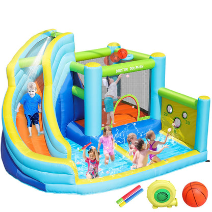 Doctor Dolphin Inflatable Water Slide, Water Bounce House for Kids, Waterslide Bounce House for Backyard, Blow Up Bouncy House for Outdoor Wet and Dry