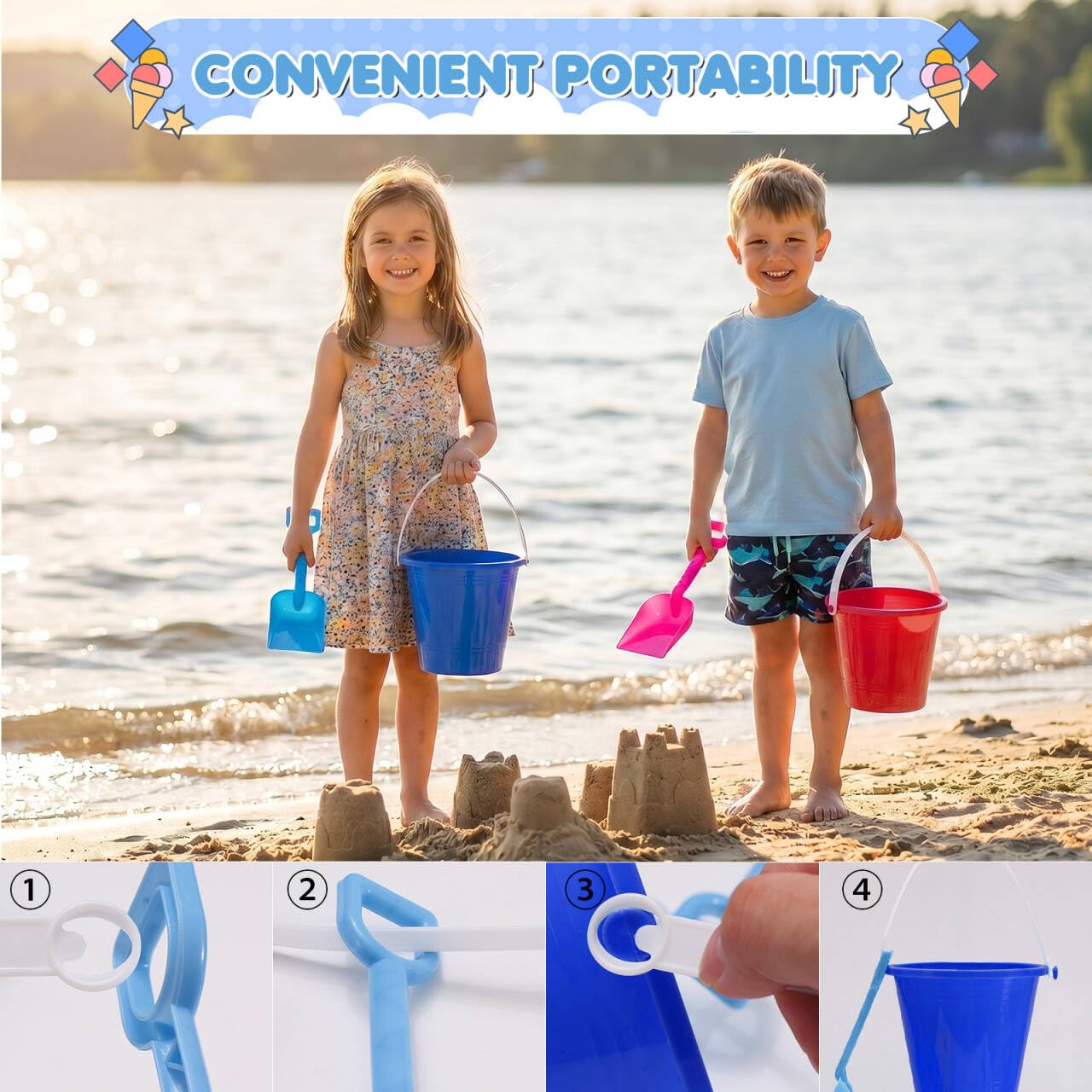 Holady 12 Pack 5'' Inch Sand Beach Buckets Pail with Beach Shovels,Sand Bucket Water Bucket for Beach Fun Great Summer Party Accessory