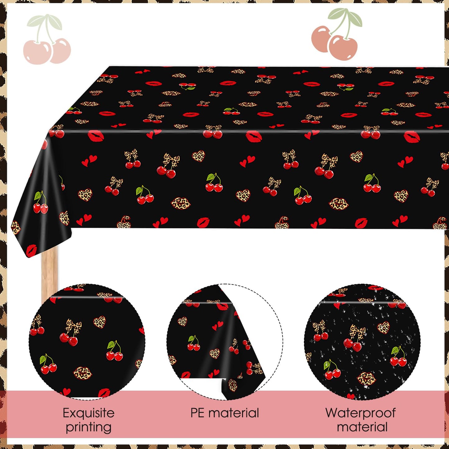 Zaypsot 3Pcs Cheetah and Cherry Birthday Decorations Tablecloths, Red and Black Disposable Plastic Tablecloths 54x108In for Bday Bridal Shower Wedding