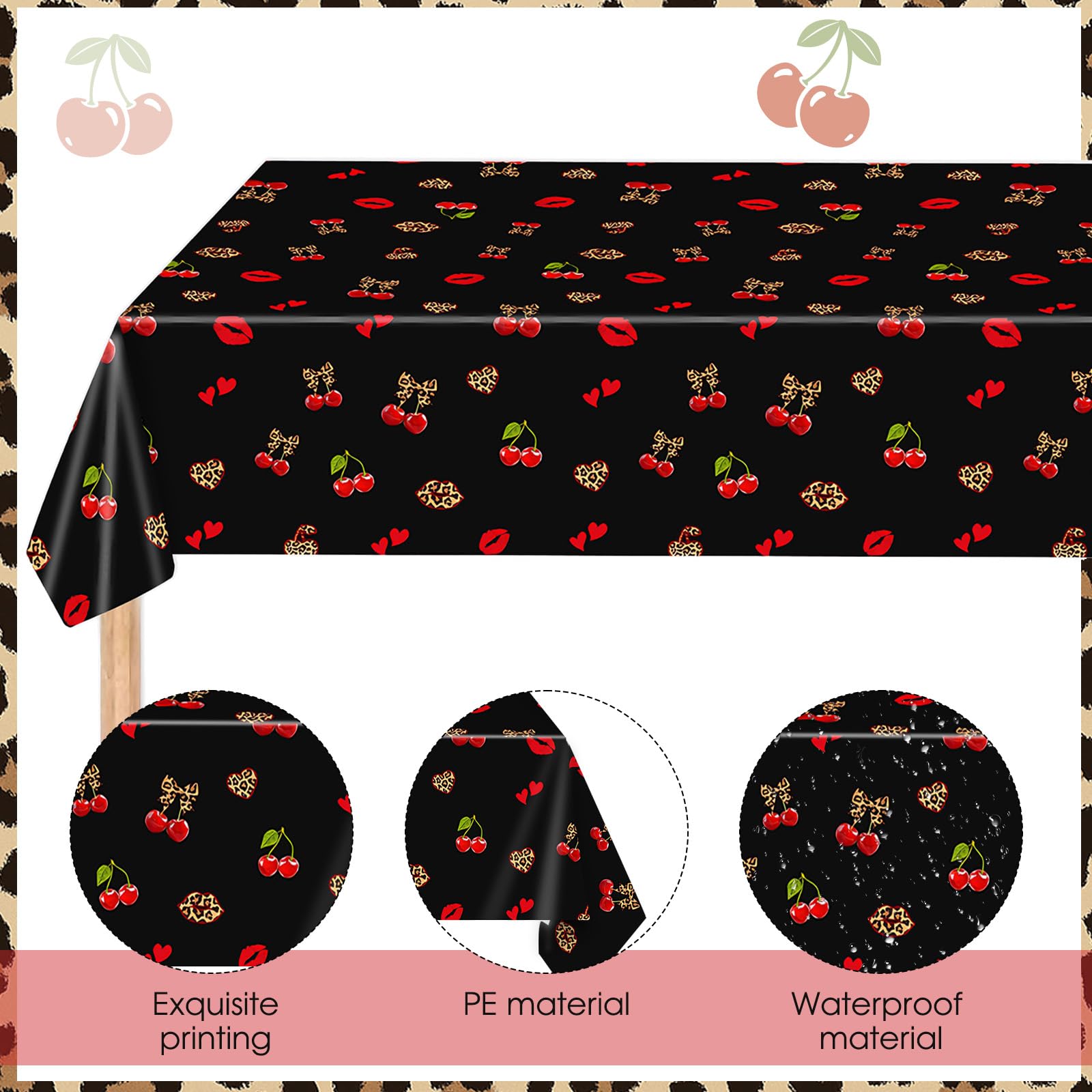 Zaypsot 3Pcs Cheetah and Cherry Birthday Decorations Tablecloths, Red and Black Disposable Plastic Tablecloths 54x108In for Bday Bridal Shower Wedding