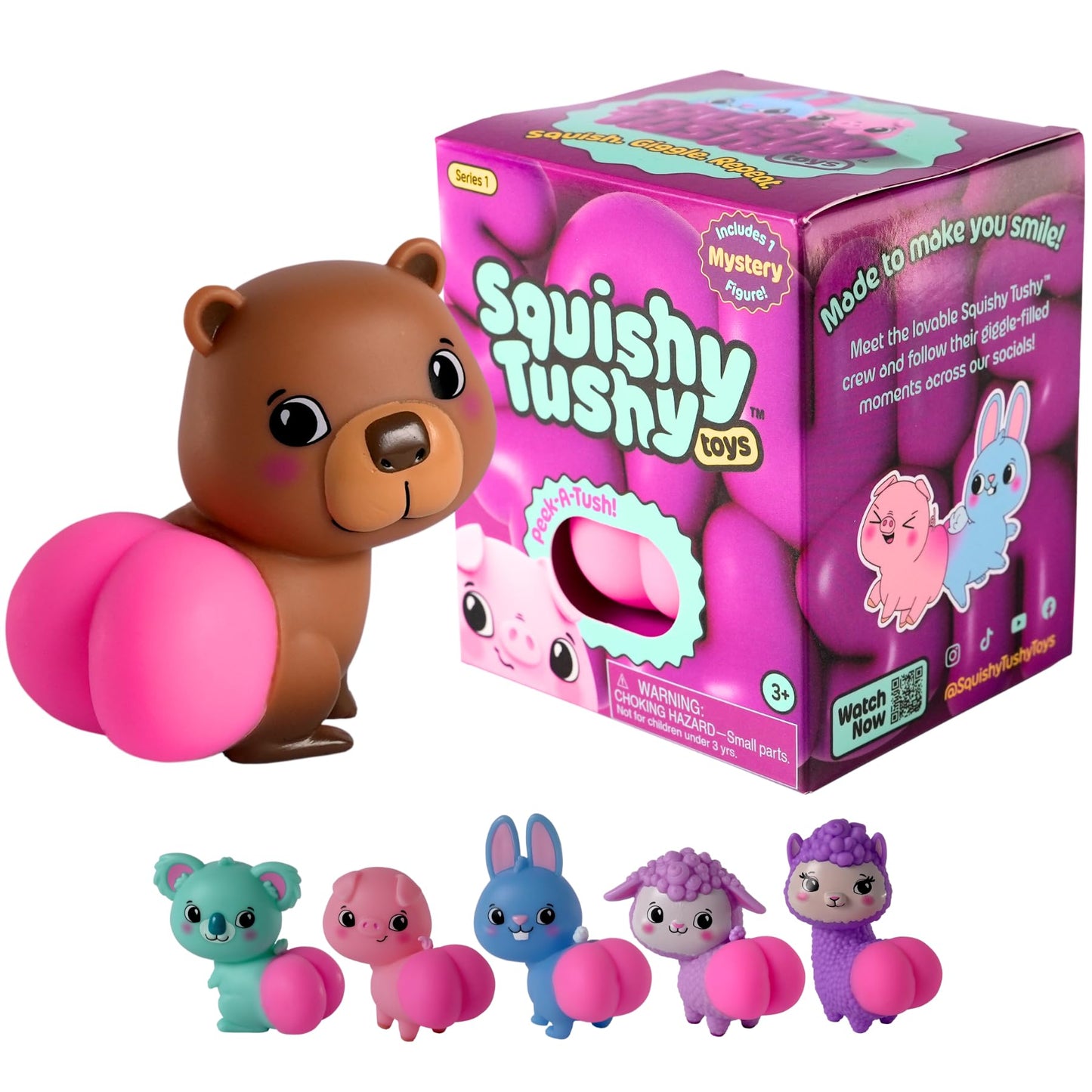 LICENSE 2 PLAY Squishy Tushy | 3” Collectible Mystery Blind Box Figure | Series 1 | Squishy Butt Vinyl Toy, Single Surprise Character | Single Pack